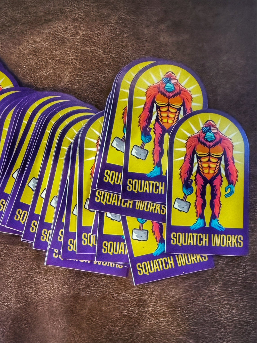 3-inch Squatch Works vinyl sticker featuring the iconic logo, designed for durability and style on any flat surface.