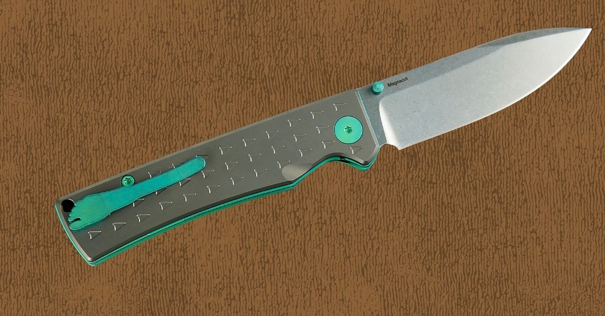 Folding knife with a Magnacut steel blade, featuring a durable Sasquatch-themed pocket clip, Titanium handles, and designed for everyday carry and outdoor performance.